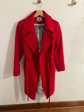 Wool Blend Red Double-Breasted Pea Coat